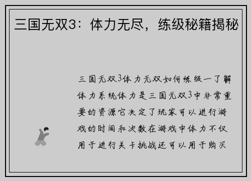 三国无双3：体力无尽，练级秘籍揭秘
