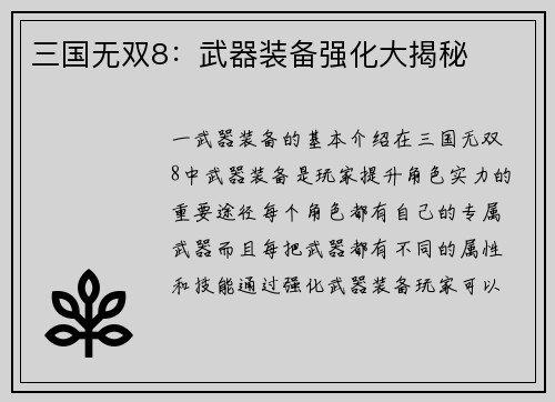 三国无双8：武器装备强化大揭秘